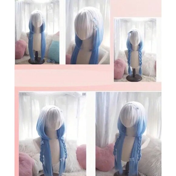 Long Silver Blue Gradient Synthetic Cosplay Anime Femboy Wig*Halloween*New - Picture 2 of 3